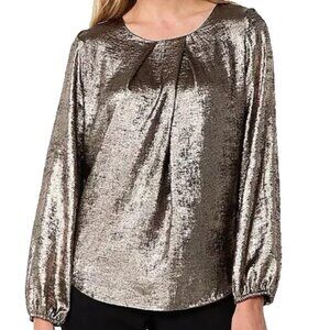 Liz Claiborne Women Gold Foil Satin Round Neck Balloon Long Sleeve Top Blouse 2X